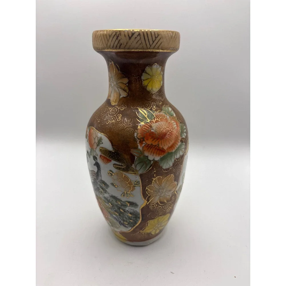 Vintage Japanese Satsuma Peacock Bud Vase Moriage Gold Gilt Peony Floral 6.25in